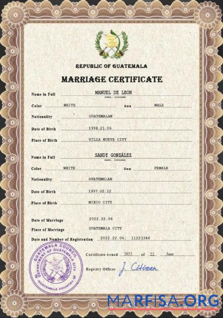 Printable Guatemala marriage certificate PSD template